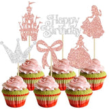 24Pcs Frozen Princess Cupcake Toppers Glitter Castle Bowknot Happy Birthday Cake Topper Decorations For Princess Happy Birthday Baby Shower New Year Party Supplies Rose Gold Silver