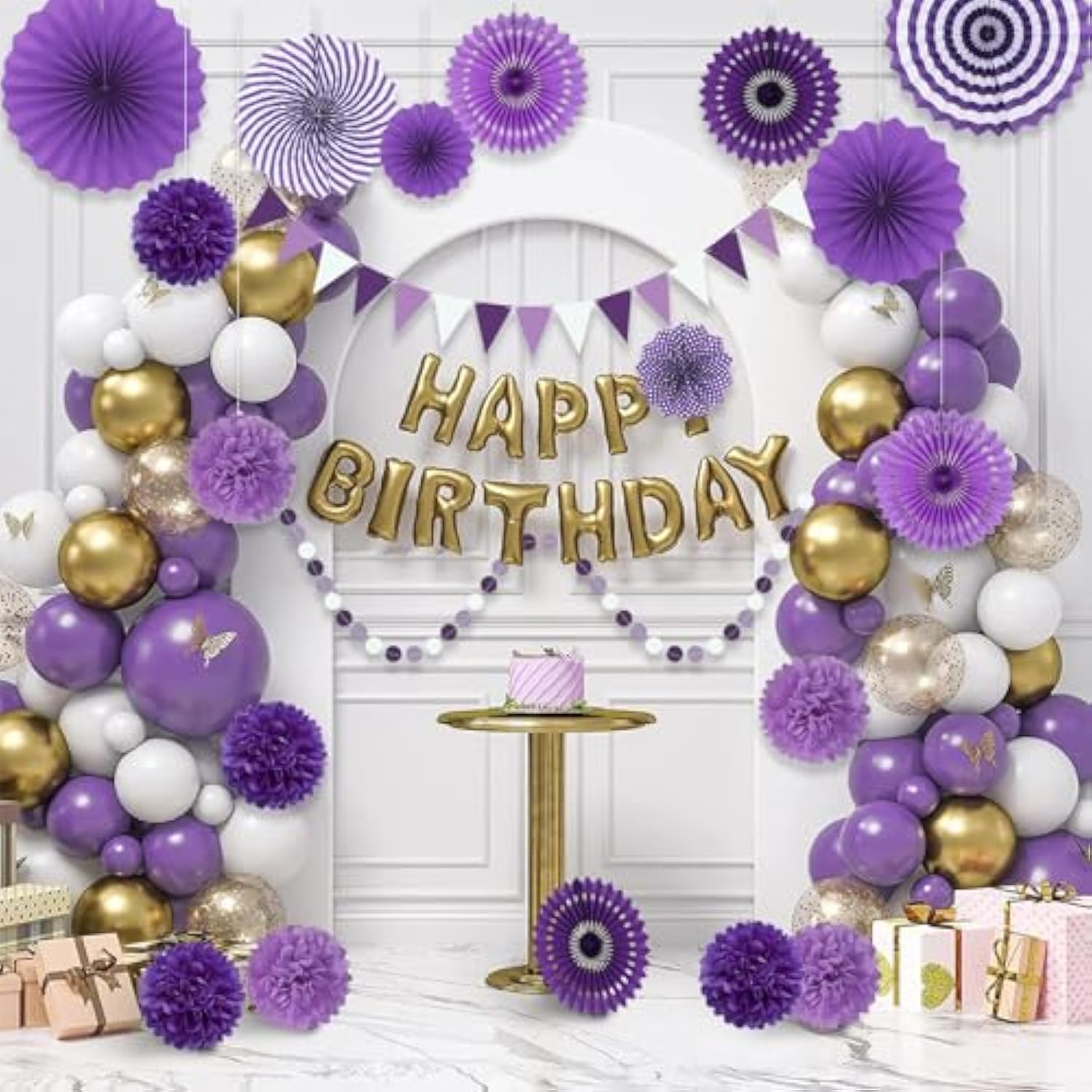 Purple Party Decorations With Hanging Paper Fan, Tissue Paper Pom Poms, Circle Dots Garland, Triangle Pennant For Birthday Bridal Shower Wedding Party Decorations (Purple)