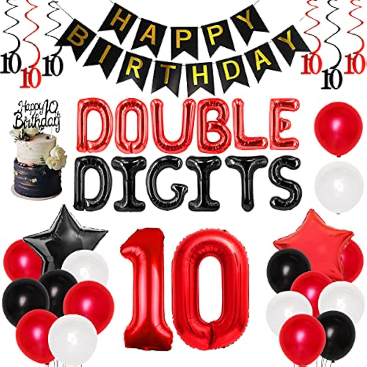 10Th Birthday Decorations For Boys Red And Black Double Digits Birthda