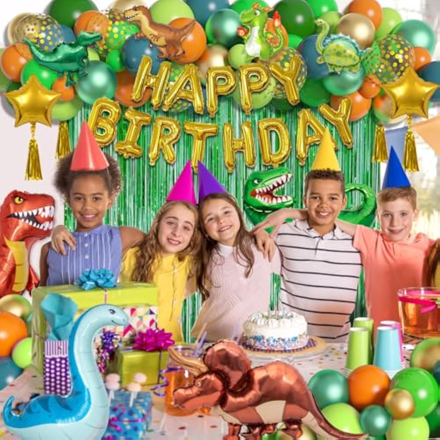 Dinosaur Birthday Party Decorations Supplies, 125Pcs Dinosaur Green Orange Blue Balloons Garland Arch Kit Happy Birthday Dino Foil Balloon Curtain For Kids Boys Dino Jungle Safari Baby Shower Party