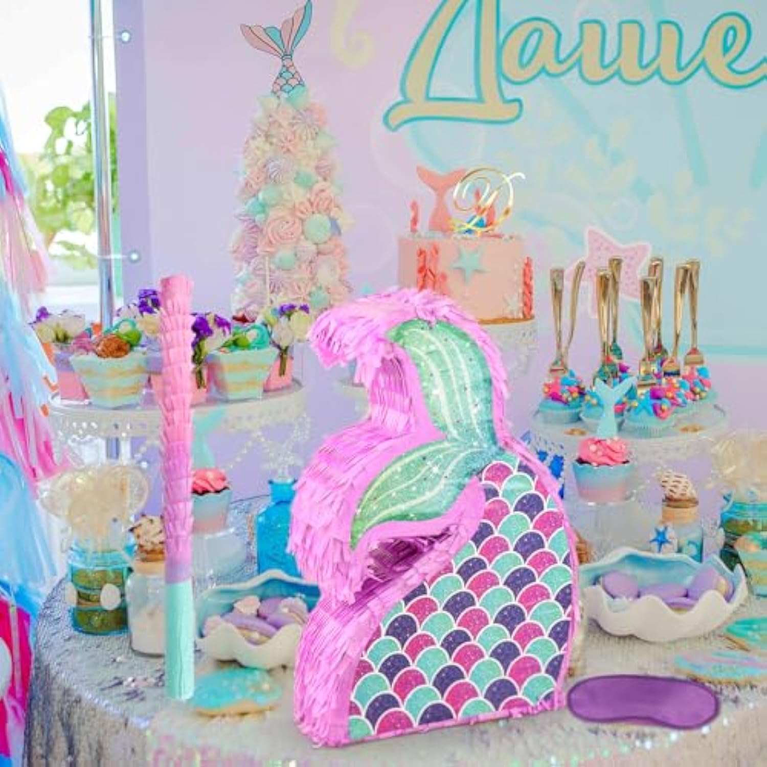 Mermaid Tail Pinata With Pinata Stick & Blindfold For Girls Mermaid Party Games Decorations Under The Sea Ocean Themed Birthday Party Supplies
