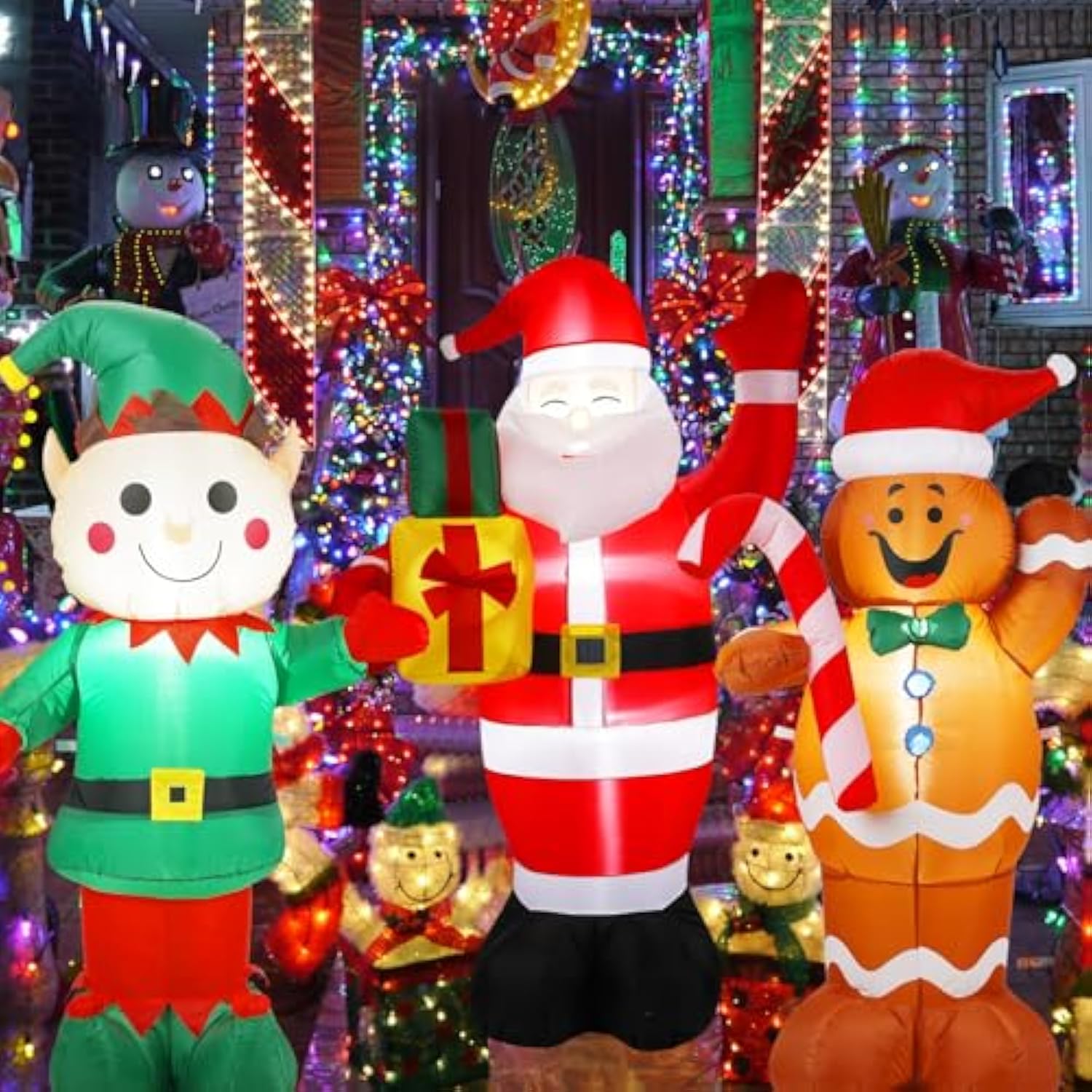 3 Pack 5 Ft Christmas Inflatable Santa Claus Gingerbread Man Elf Decor Lighted Blow Up Christmas Yard Decoration With Bu