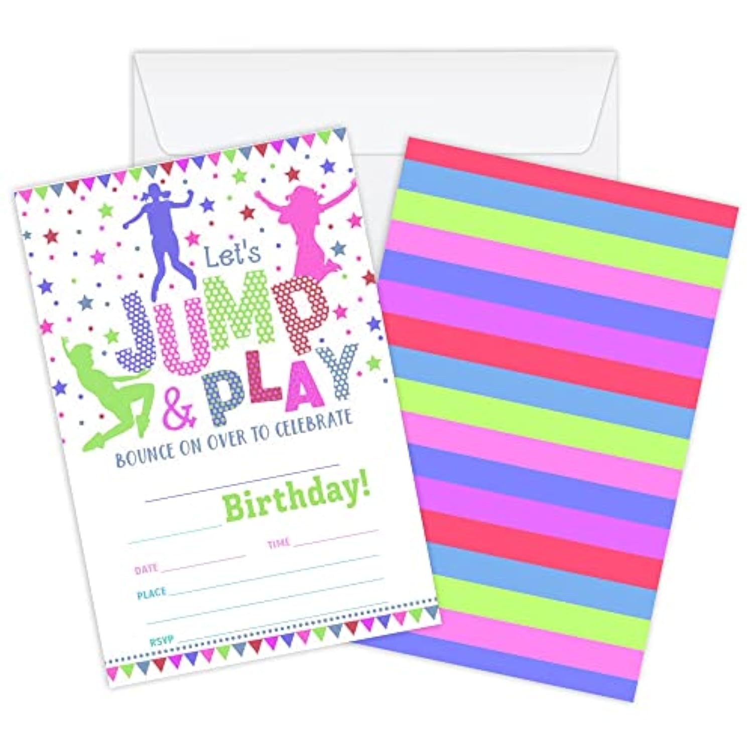 20 Bounce House Birthday Invites - Gymnastics Party Fill-In Invites - Jump & Play Theme With Rainbow Trampoline Design - Gymnastics Birthday Party Decoration-A018