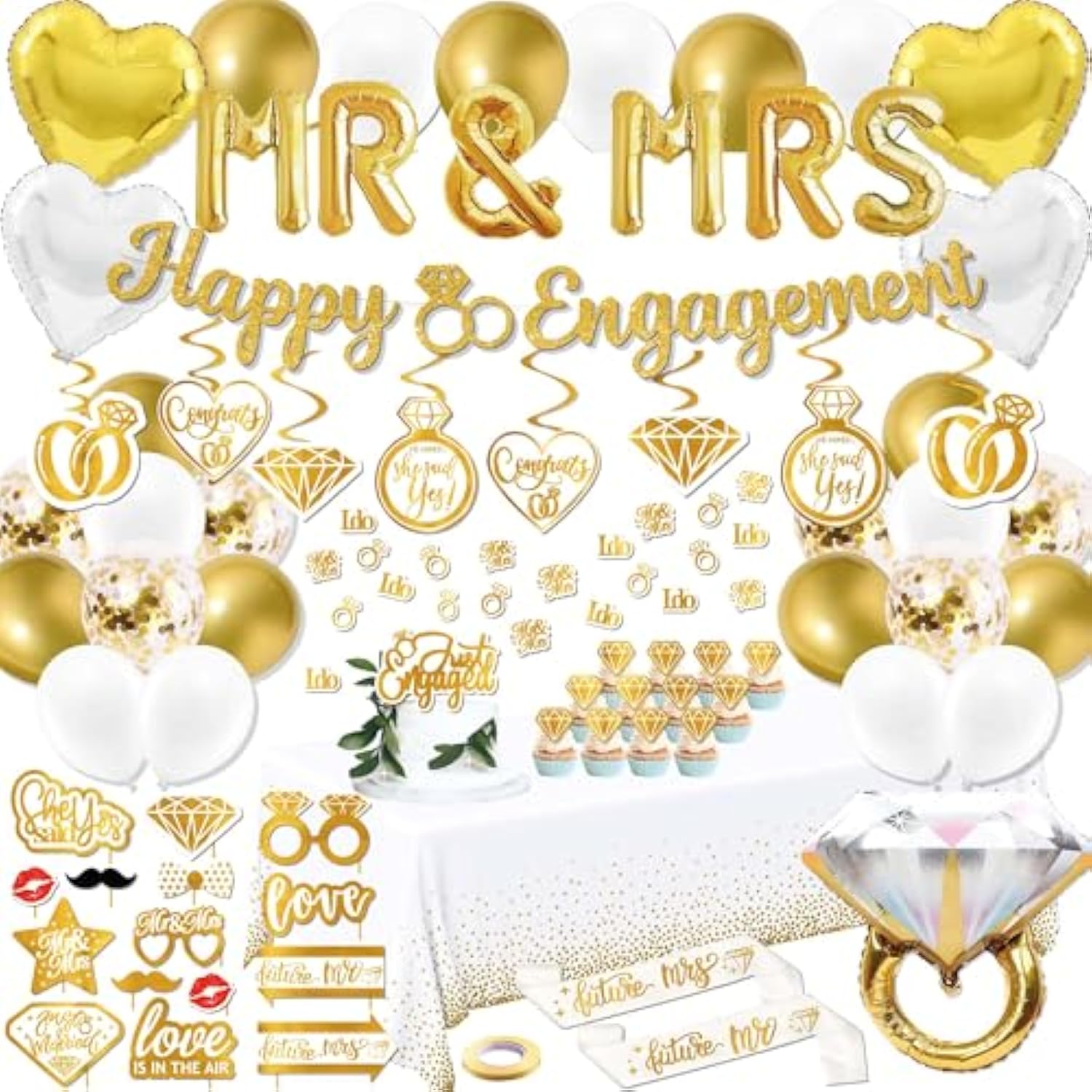 Gold Engagement Party Decorations - (Total 90Pcs) Glitter Happy Engaged Banner, Mr And Mrs Balloons, Hanging Swirl,Balloons, Ring Balloons For Wedding Engagement Party Decor