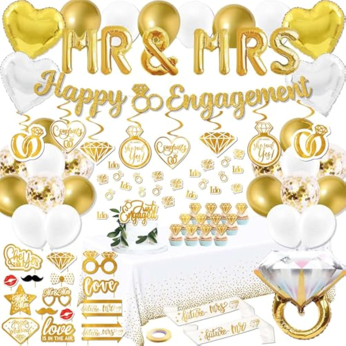Gold Engagement Party Decorations - (Total 90Pcs) Glitter Happy Engaged Banner, Mr And Mrs Balloons, Hanging Swirl,Balloons, Ring Balloons For Wedding Engagement Party Decor