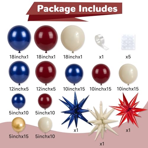 Red White Blue Balloons Arch kit 4th of July Navy Royal Blue Red Sand White Gold Balloon Star Foil Balloon for USA 250th Anniversary Independence Memorial Graduation Patriot Birthday Party Decoration