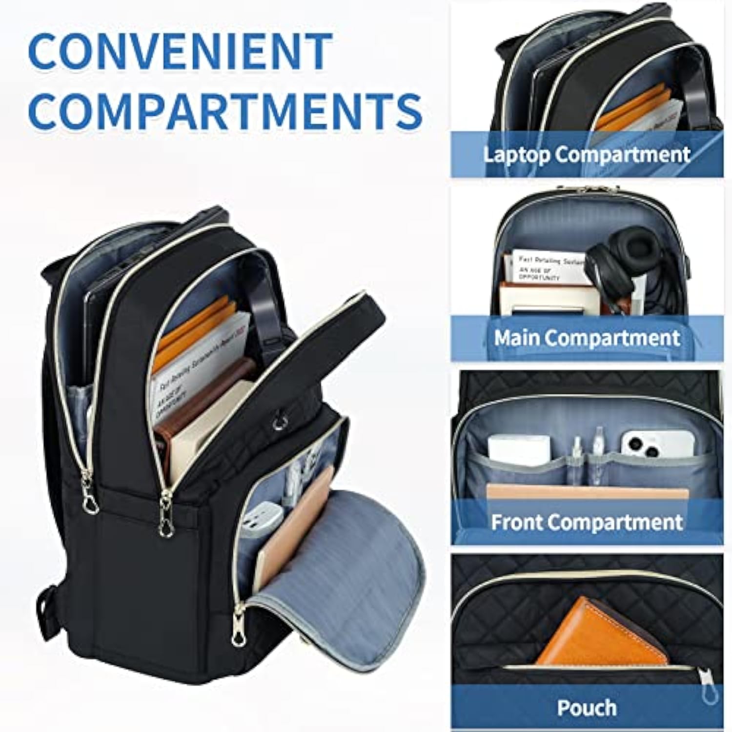 Laptop Backpack 15.6 Inch Stylish Daypack With Usb Charging Port, Waterrepellent Nylon Backpack Backpack For Travel/Business/Women/Black