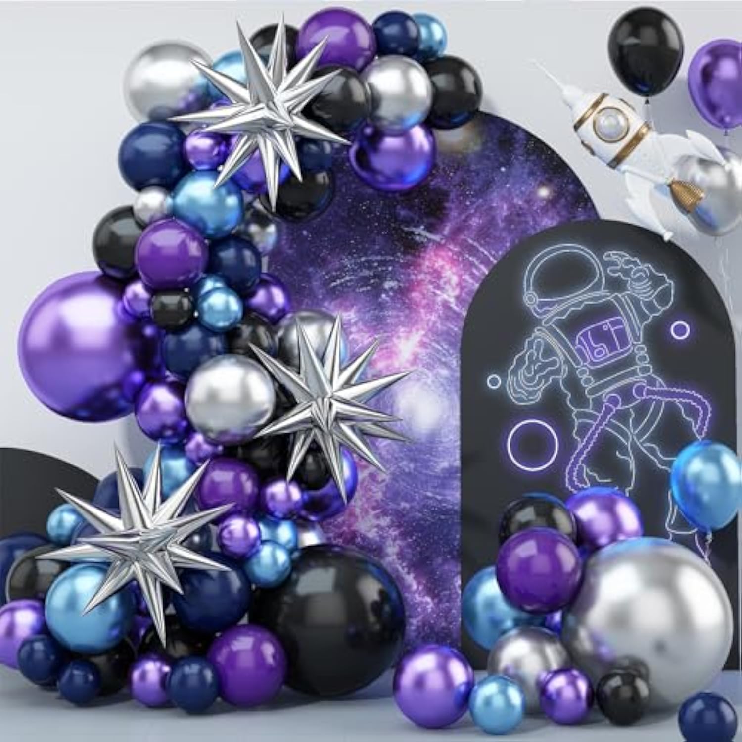 Metallic Balloon Arch Kit - Blue, Purple & Silver Balloon Arch Garland - 4D Star For Space Theme Birthday Party, Baby Shower, Graduation
