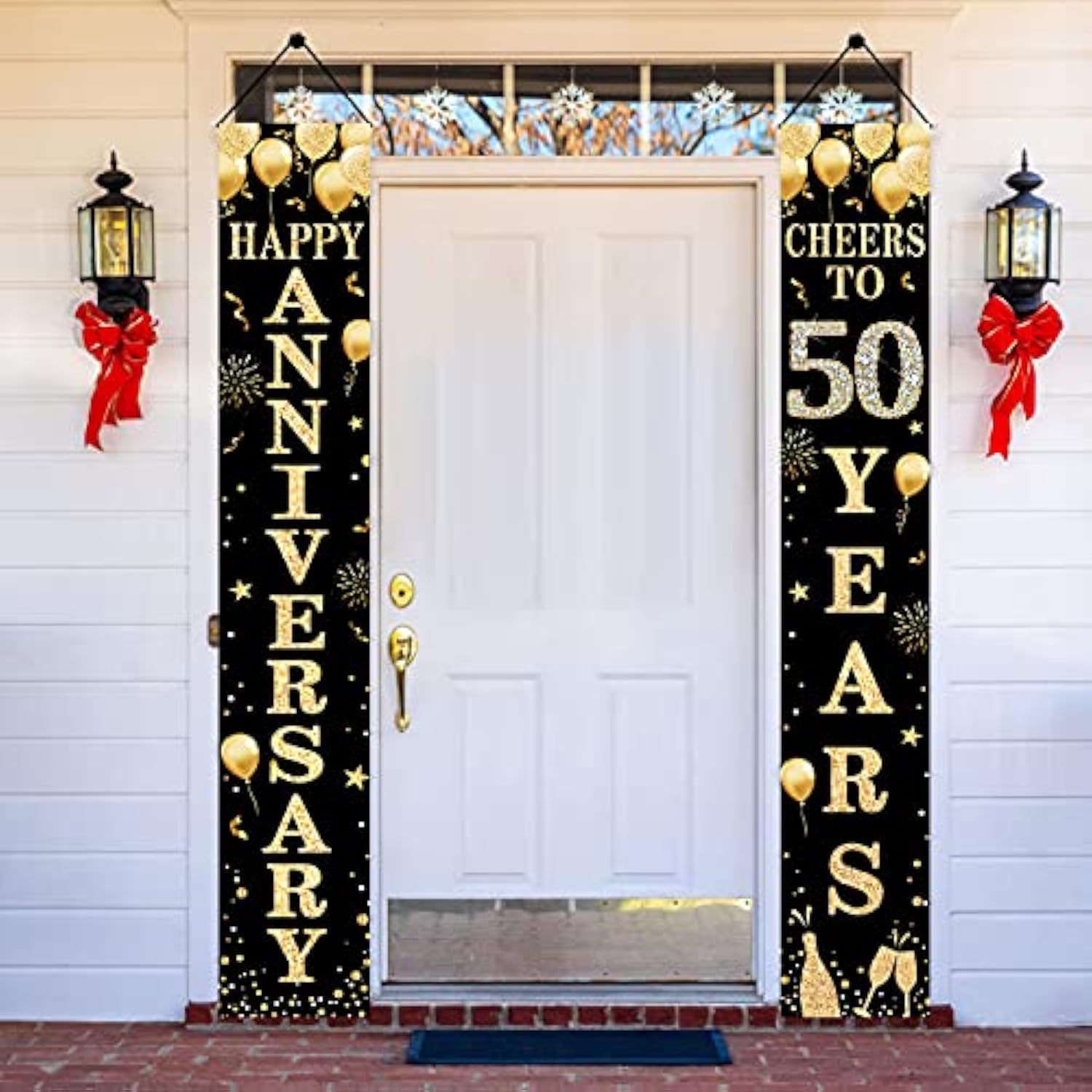 Happy 50Th Anniversary Door Banner Decorations, 50 Years Cheers Party Supplies, Black Gold Fifty Anniversary Welcome Door Banner Sign