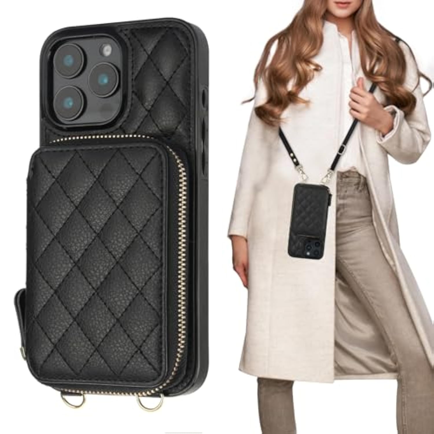 Crossbody Wallet Case For 16 Pro Max, Rfid Blocking Pu Leather Zipper Handbag Purse Flip Cover, Kickstand Folio Case With Card Slots Holder Wrist Strap Lanyard 5G 6.9 Inch (Black)