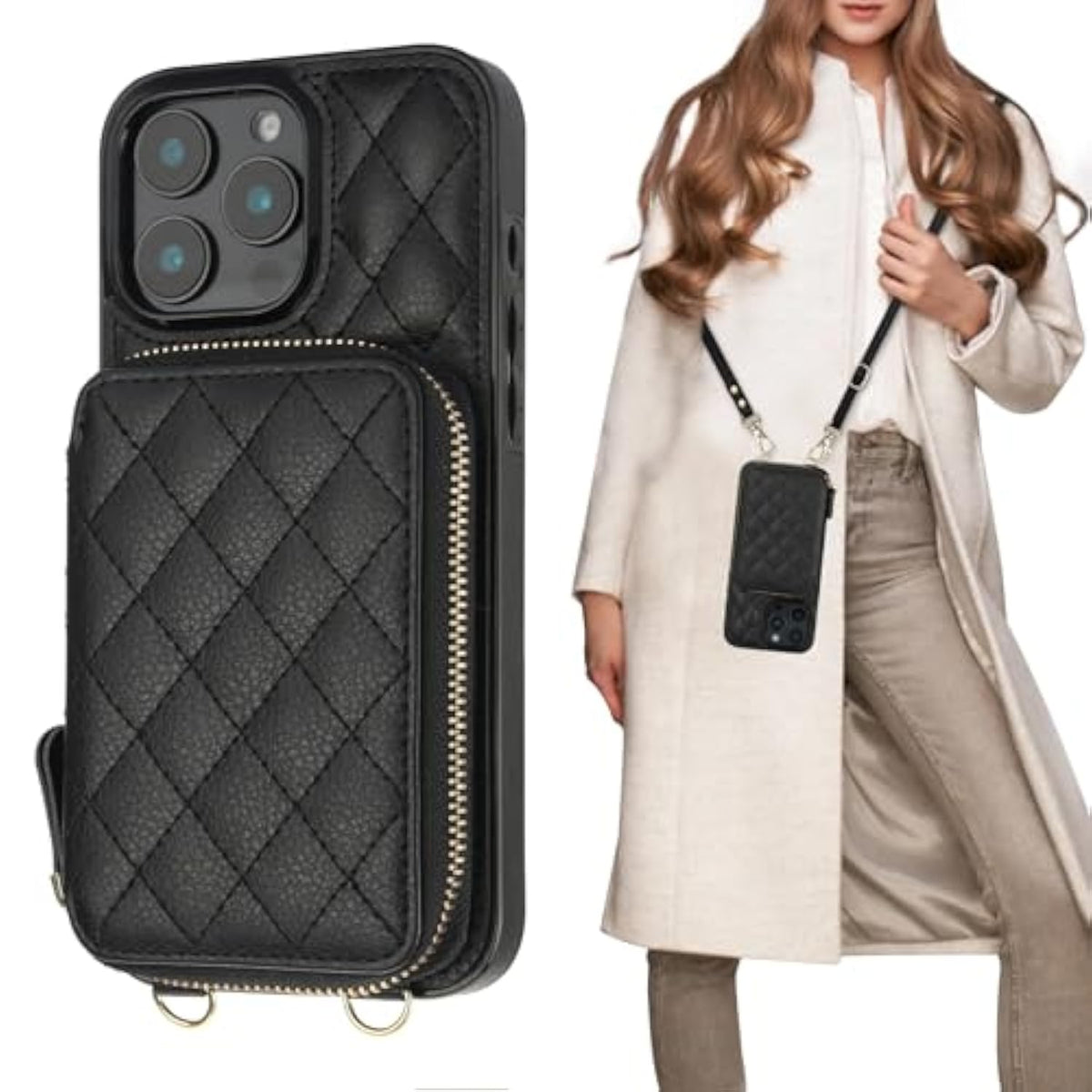Crossbody Wallet Case For 16 Pro Max, Rfid Blocking Pu Leather Zipper Handbag Purse Flip Cover, Kickstand Folio Case With Card Slots Holder Wrist Strap Lanyard 5G 6.9 Inch (Black)