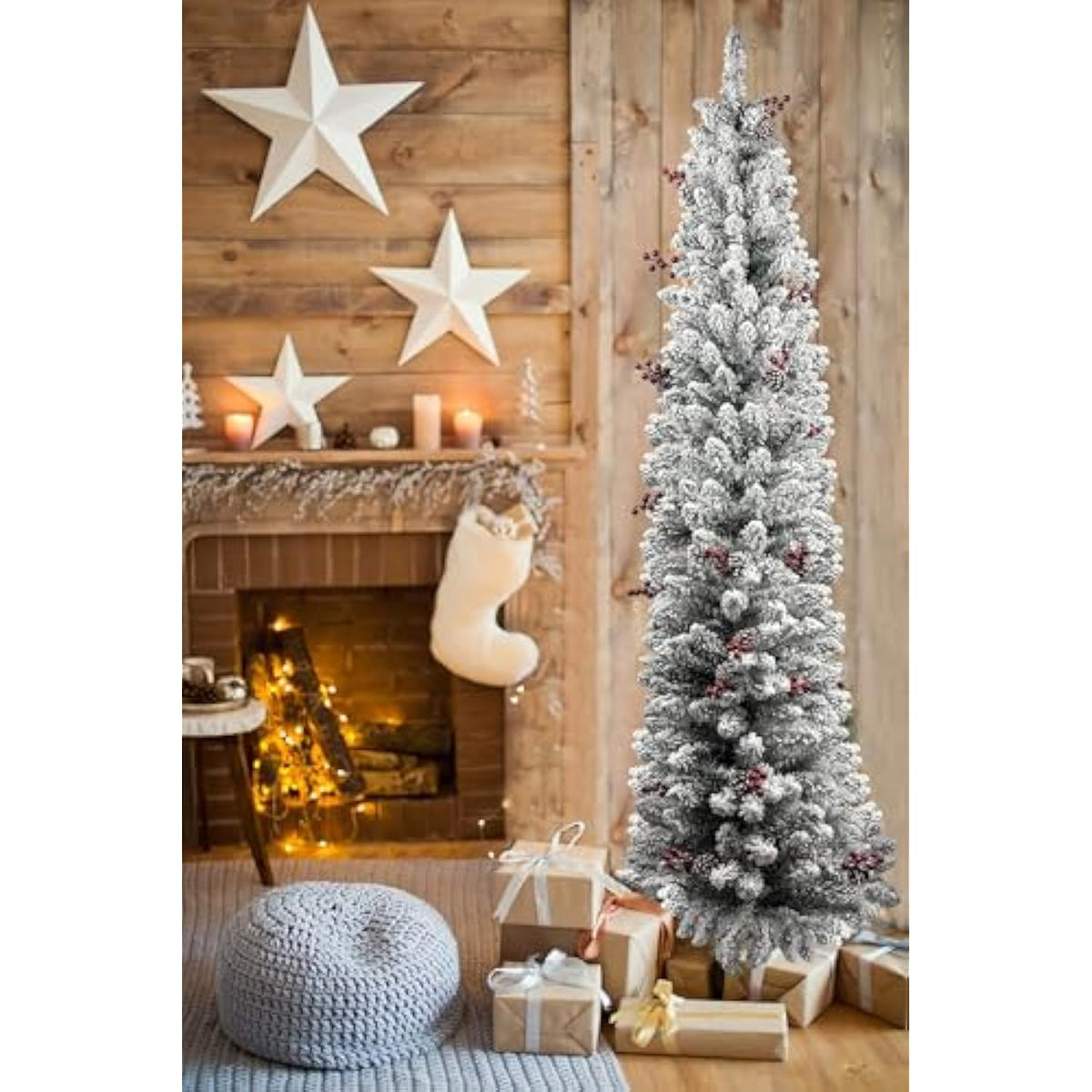 6Ft Pencil Snow Flocked Christmas Tree, Artificial Full Appearance Holiday Decoration Tree, Slim Skinny Xmas Tree With 316 Snow Flocked Tips & For Indoor Home Party Decor