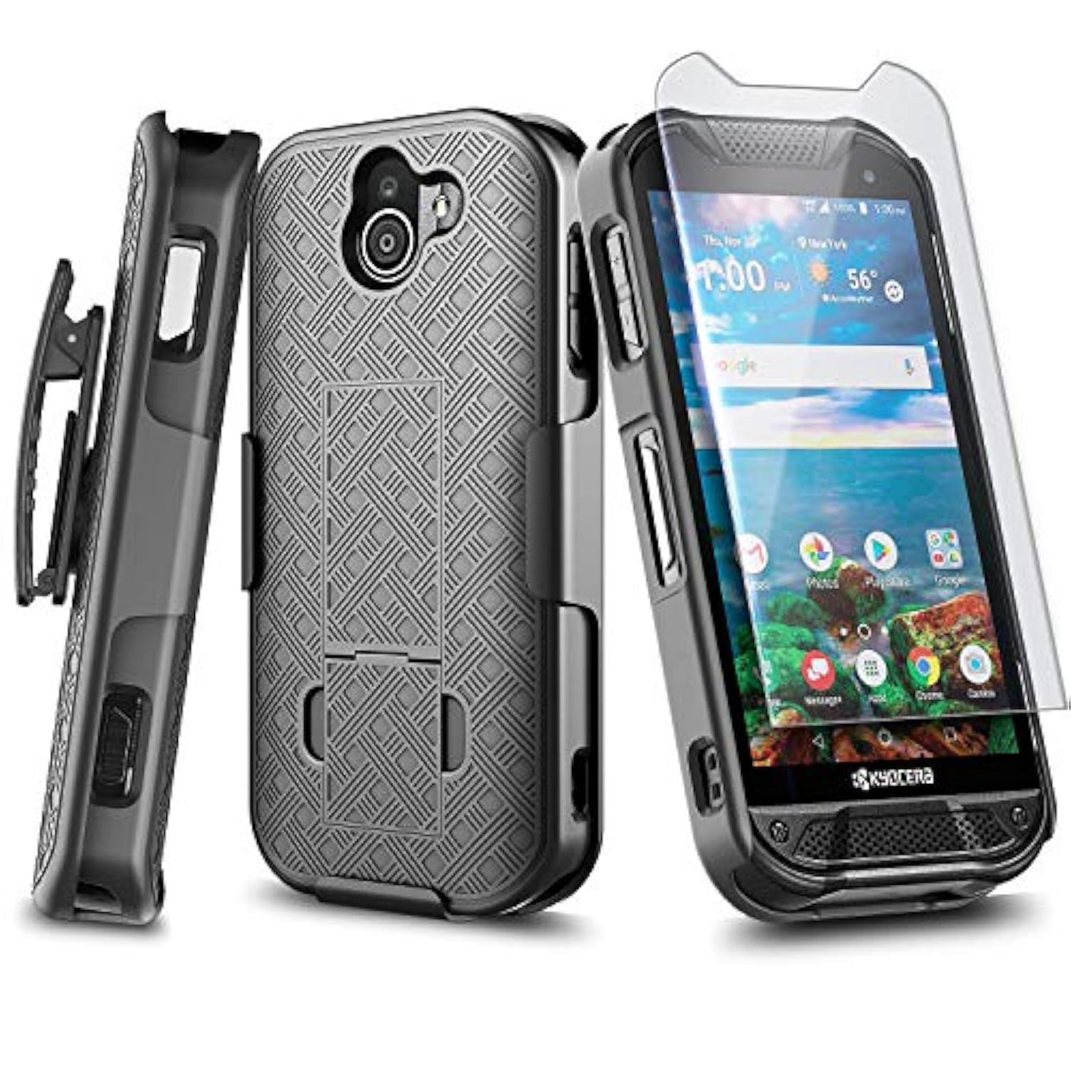 Designed For Kyocera Duraforce Pro 2 Case (Verizon E6910), Belt Clip Holster Shell, Ultra Slim Thin Cover Built-In Kickstand Case With Tempered Glass Screen Protector -Black