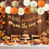 Little Pumpkin Fall Baby Shower Decoration 15 Pcs A Little Pumpkin Is On The Way Banner Tissue Pom Poms Paper Lantern Fan For Fall Birthday Baby Shower Gender Reveal Party Decor(Orange)