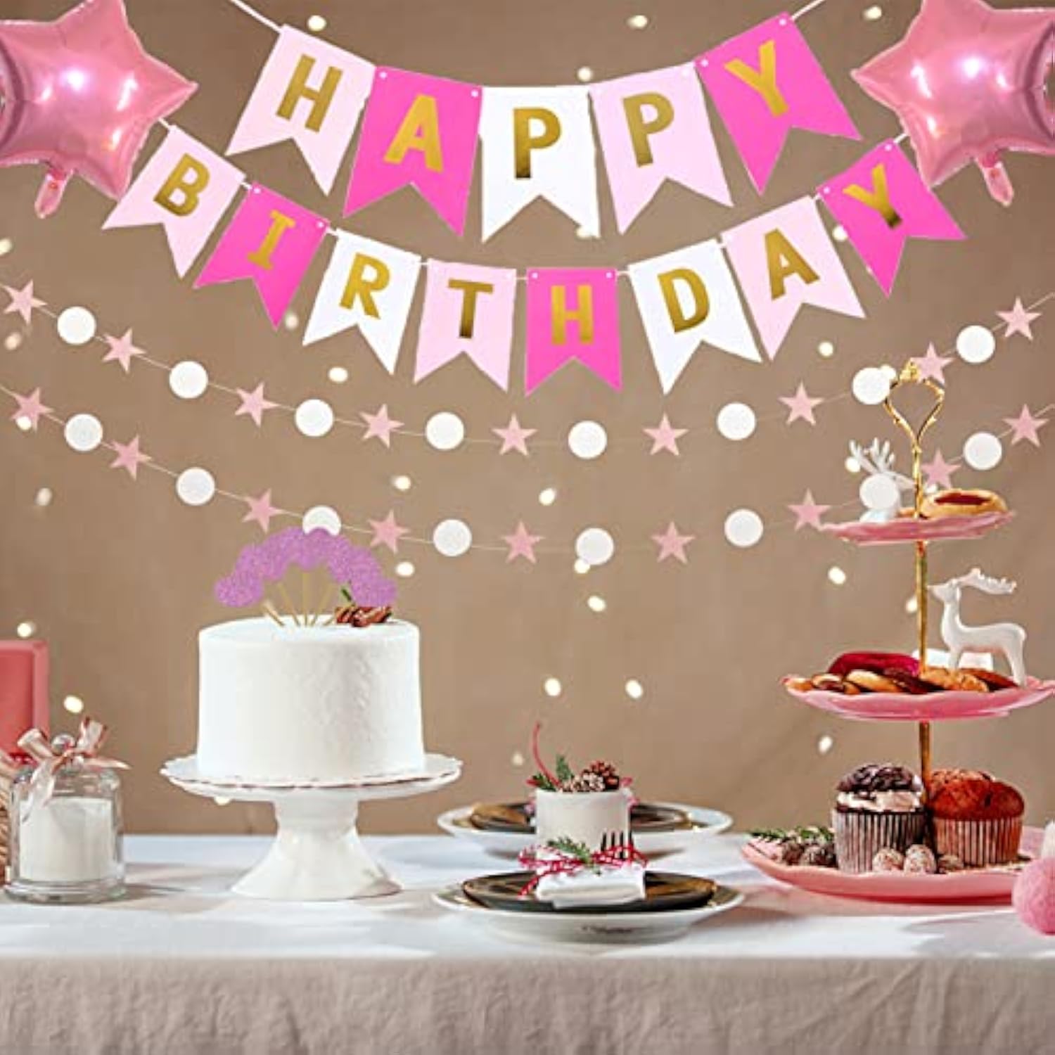 Pink Gold Birthday Party Decorations, Happy Birthday Banner, Pink Fringe Curtain, Heart Star Foil Confetti Balloons, Hanging Swirls For Women Girls Birthdays Princess Party