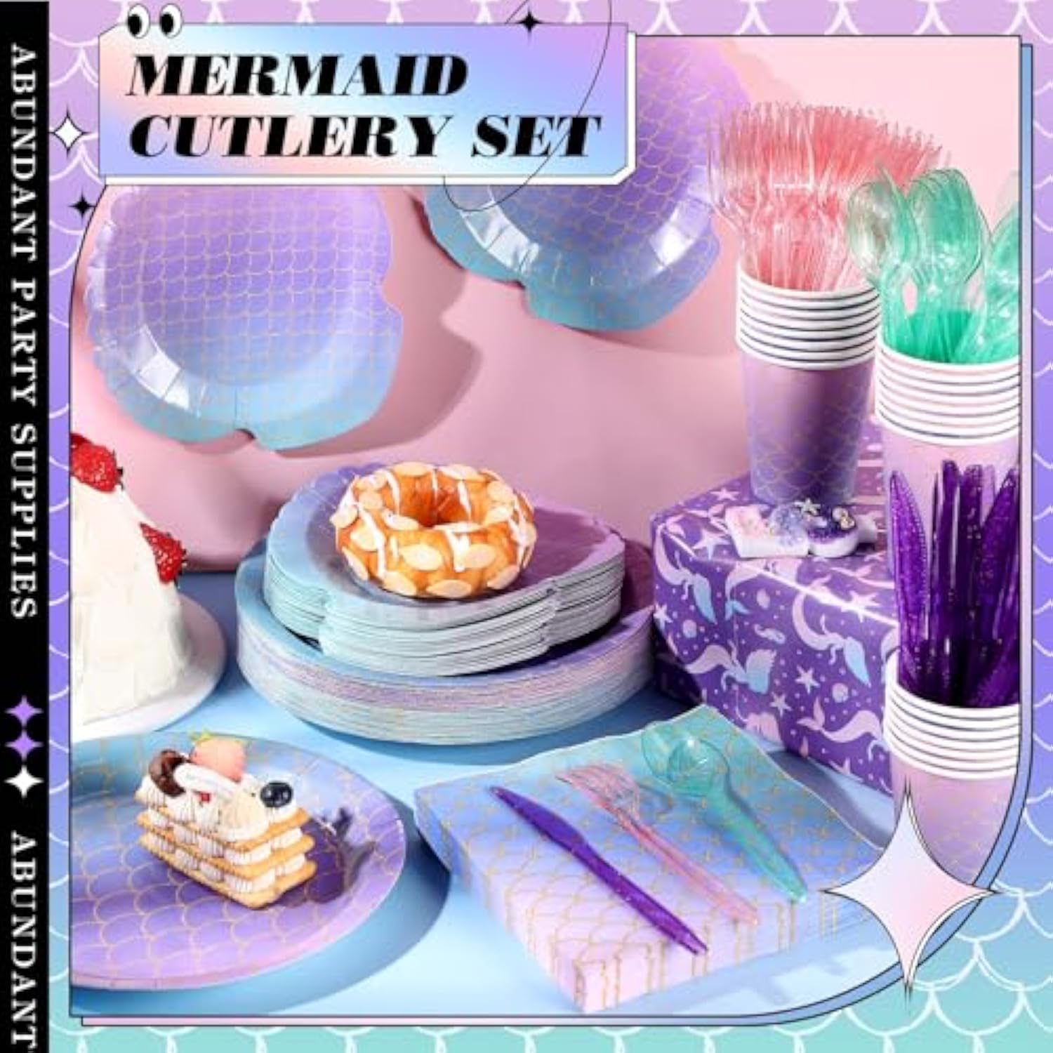 350 Pcs Mermaid Party Supplies Mermaids Themed Decorations Under The Sea Disposable Dinnerware Set Includes Plates Napkins Cups Spoons Fork Knives For Birthday Party, Serves 50 Guests