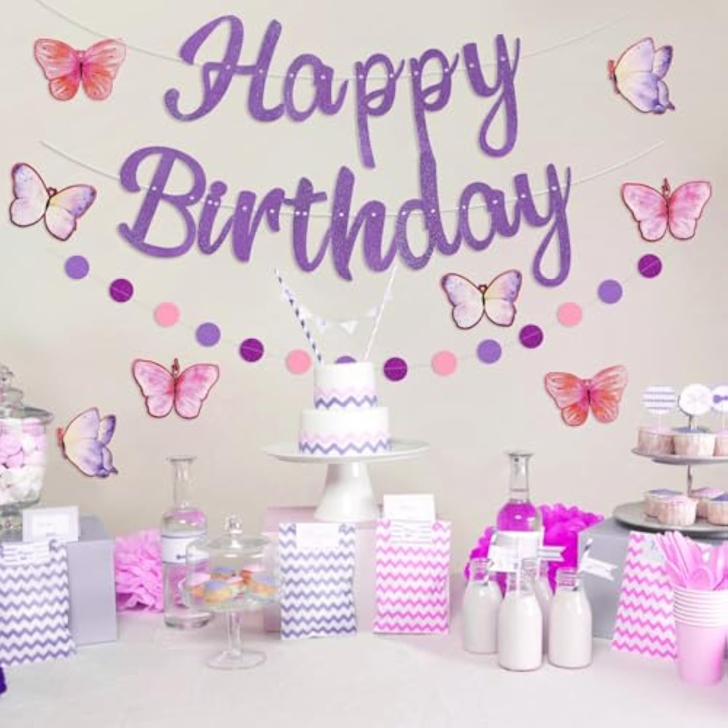 10pcs Purple Birthday Décor Set - Pre-Strung Butterfly Banner & Dot Garland