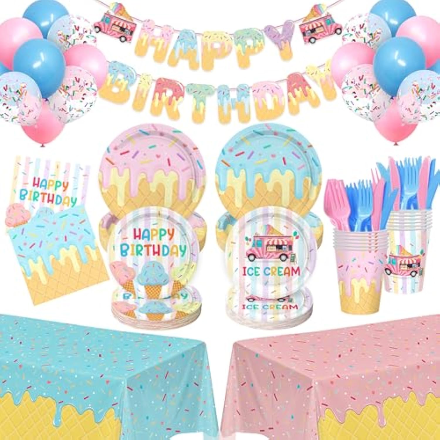 321Pcs Ice Cream Party Supplies For 50 Guests, Include Plates And Napkins, Cups, Forks, Knives With Banner, Tablecloths, Balloons, Ice Cream Theme Birthday Decorations