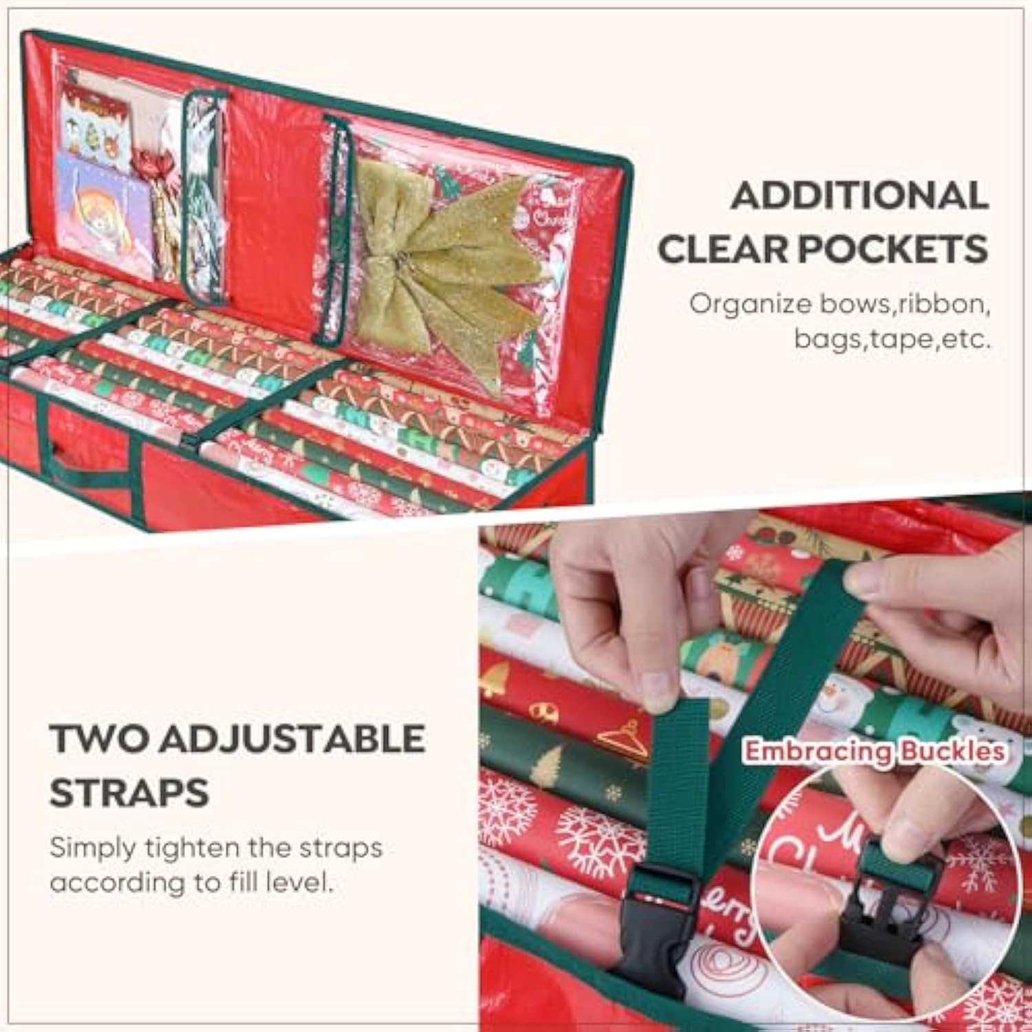 Soft Christmas Wrapping Paper Storage Bag, 40" Durable Pe Gift Wrap Storage Bag With Flexible Partitions And Pockets For Ribbon, Accessories (Red)