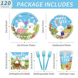 120pcs Easter Plates and Napkins Tableware Set, Happy Easter Disposable Plates Napkins Forks and Cups for Bunny Party Decorations and Supplies, Serve 24