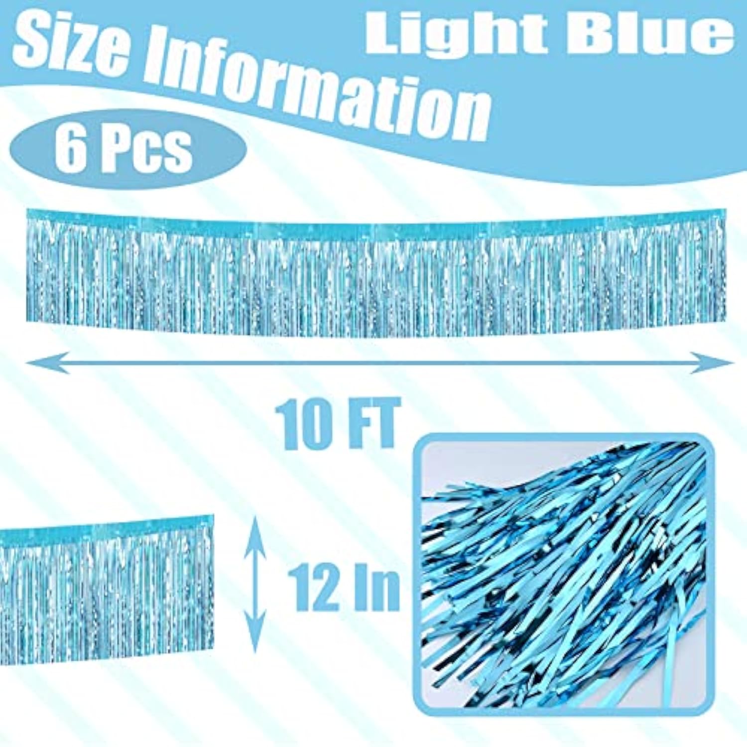 6 Pack 10 Feet Foil Fringe Garland Metallic Tinsel Streamers Banner Wall Hanging Curtain Backdrop Banner For Parade Floats, Thanksgiving, Christmas, Birthday, Halloween Party Decorations(Light Blue)