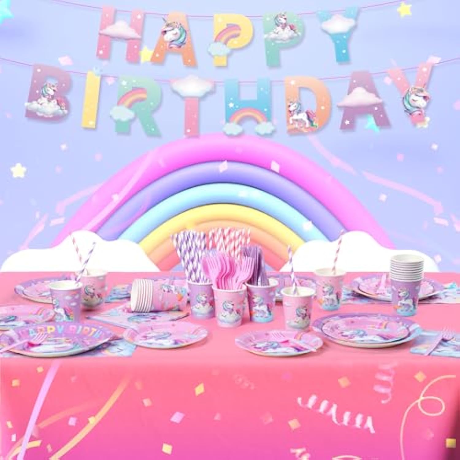 171Pcs Unicorn Birthday Party Decorations With Unicorn Rainbow Banner And Tablecloth, Birthday Party Supplies With Plates Cups Napkins Straws Cutlery, Pink Purple Disposable Tableware For 24 Guests
