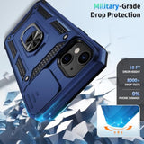 Navy Blue iPhone 14 Plus Case with Camera Lens Cover, HD Screen Protector, 10 FT Military Grade Drop Protection, Magnetic Ring Holder Kickstand Protective Phone Case