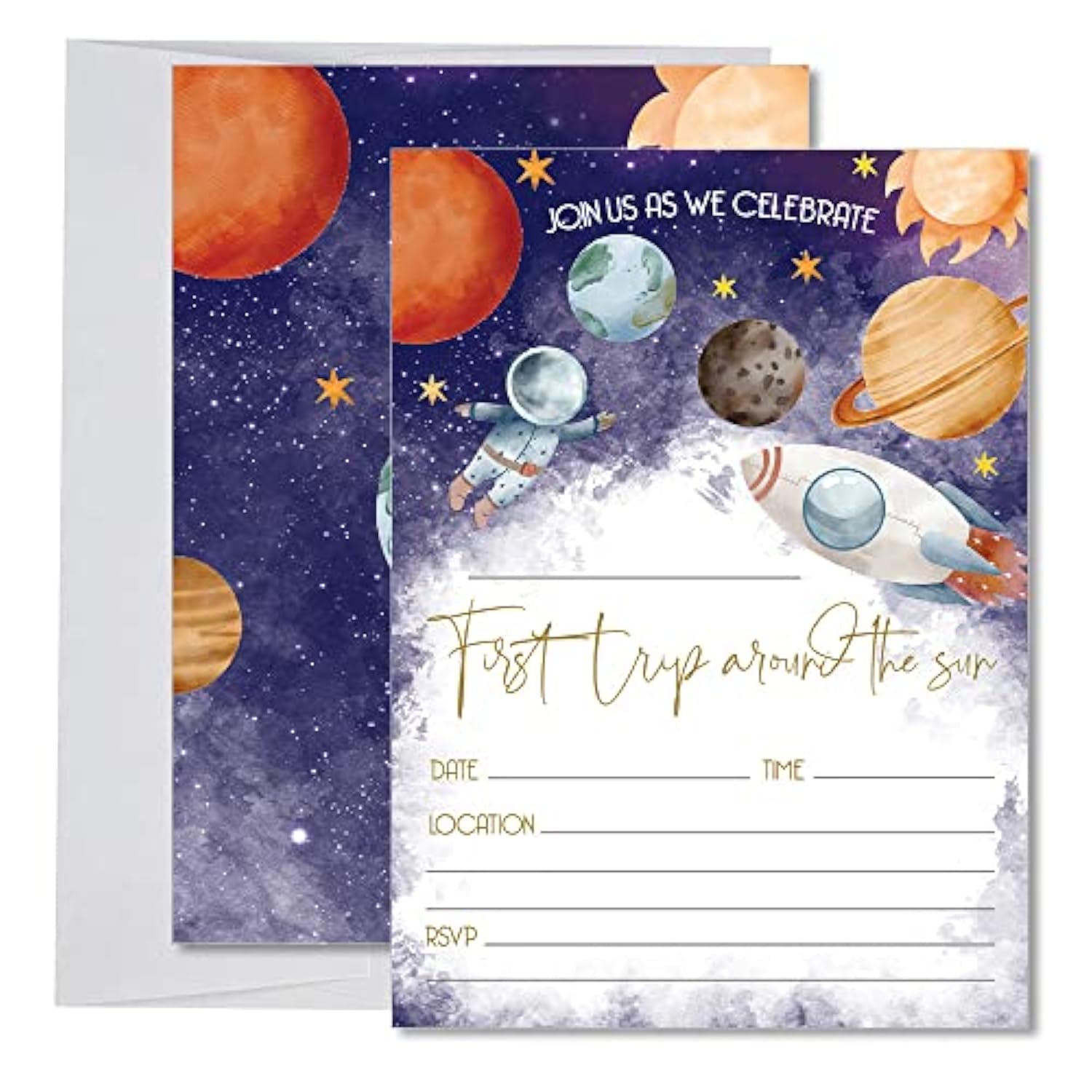 Space First Trip Around The Sun Birthday Invitation For Baby Boy, Outer Space 1St Birthday Supplies, Party Decoration, 20 Fill-In Invites + Envelopes