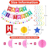 Happy Birthday Banner, Rainbow Birthday Decorations Set With 6 Honeycomb Balls, 8 Star Hanging Swirl Streamers, Circle Dots Garland Perfect For Women, Men, Boys, Girls