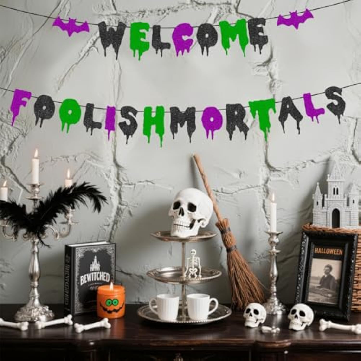 Welcome Foolish Mortals Pre-Strung Halloween Banner Glitter Haunted Mansion Bat Wall Decor