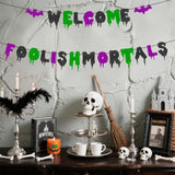Welcome Foolish Mortals Pre-Strung Halloween Banner Glitter Haunted Mansion Bat Wall Decor