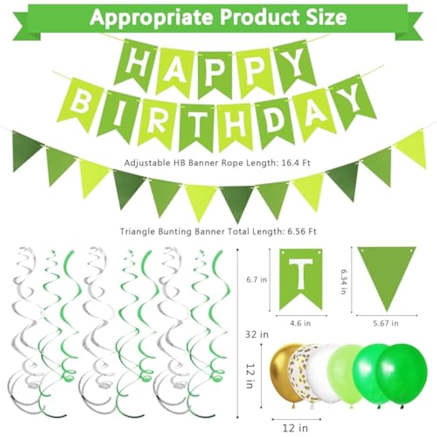 Green Birthday Decorations Banner, Swirls, Bunting & Balloons for Men & Boys