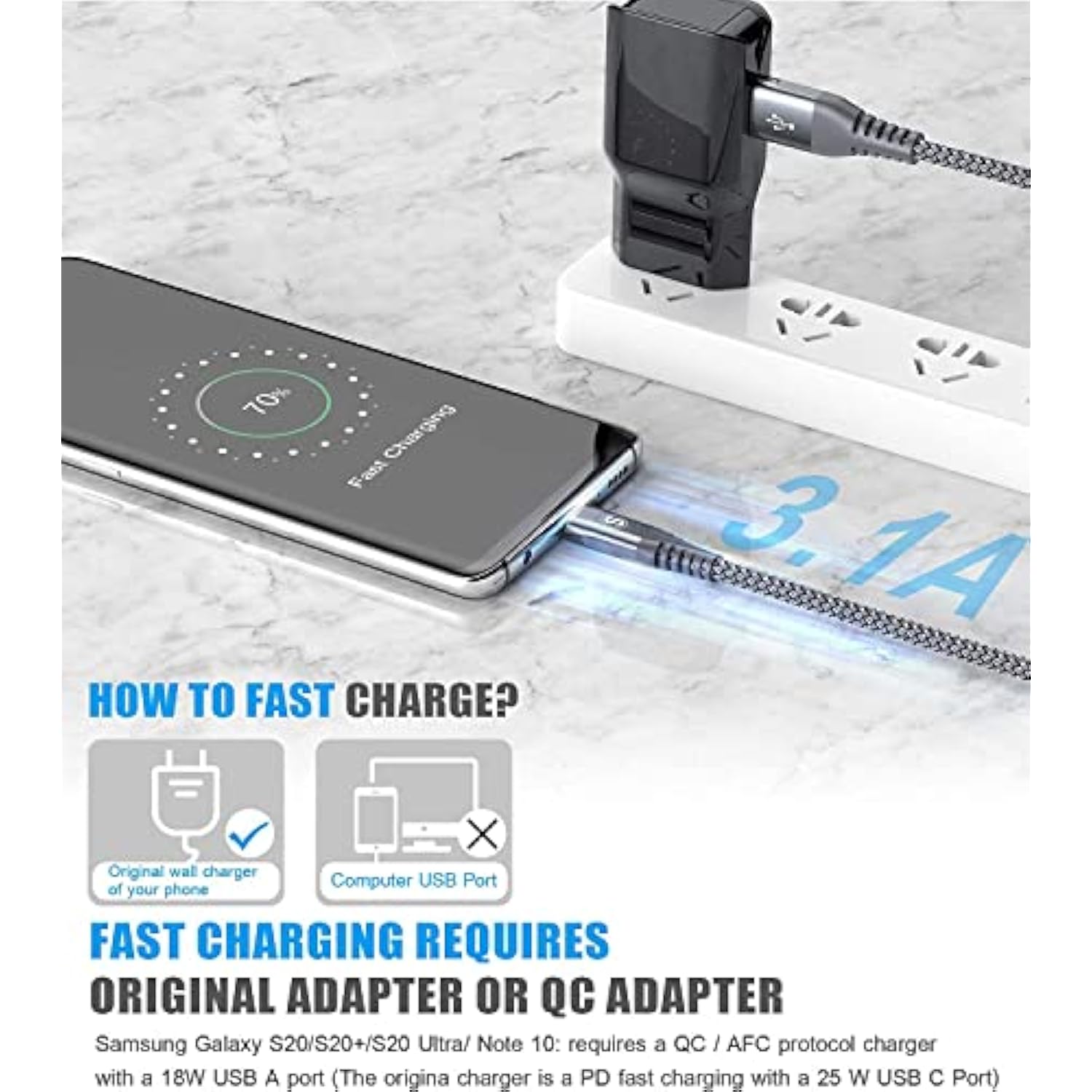 Usb Type C Cable 3.1A Fast Charging [3Pack,6.6Ft+6.6Ft+3.3Ft], Usb-A To Usb-C