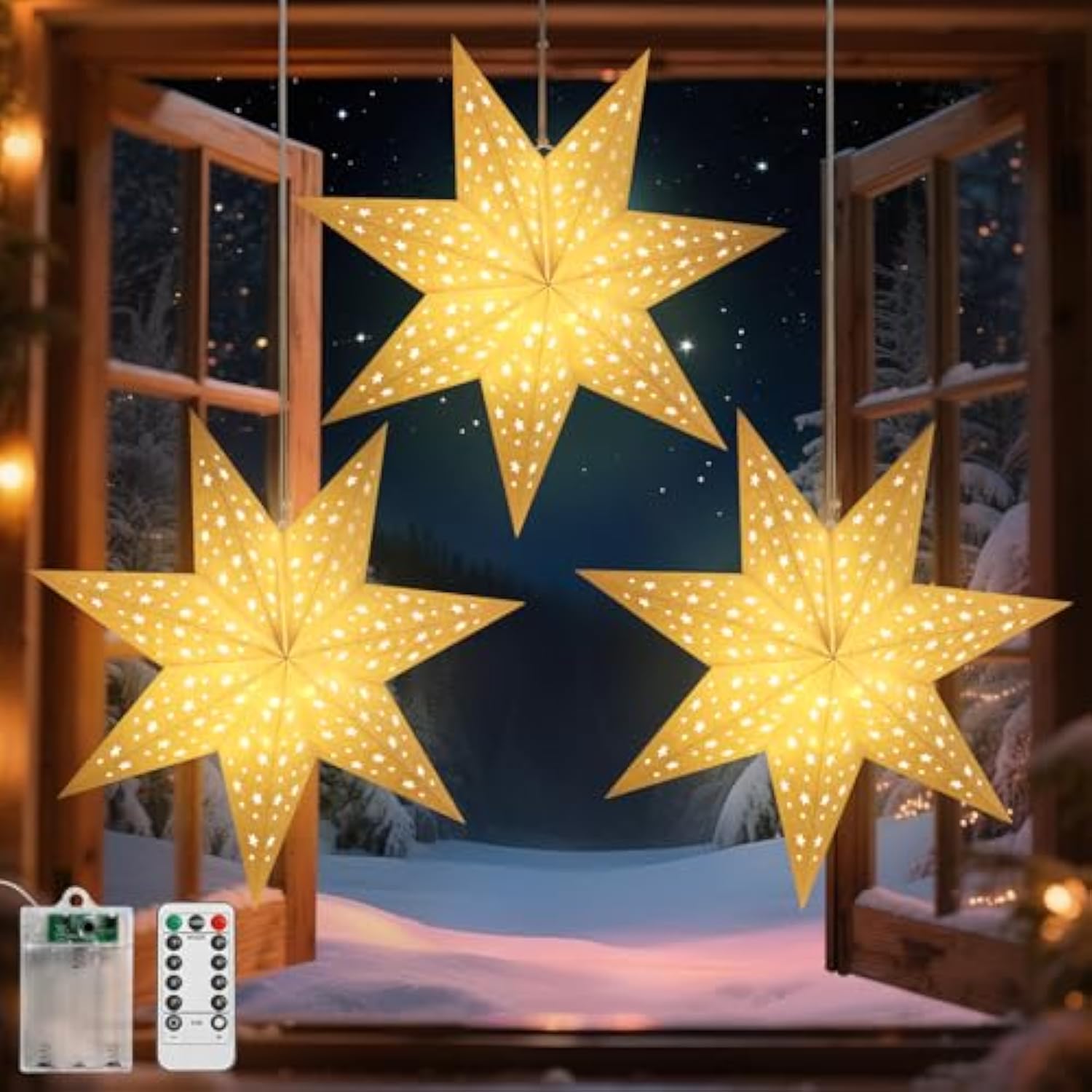 Christmas Paper Star Lantern 3 Pack, Hanging 7-Pointed Star Lights With Hollowed Stars, Led Paper Lanterns With 6H Timer