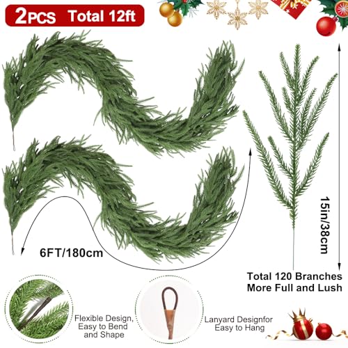 2Pcs 6FT Christmas Norfolk Pine Garlands Decoration, 120 Branches Real Touch Artificial Faux Green Pines Winter Garland for Fireplace Table Mantle Stairs Xmas Holiday Indoor Outdoor Decor