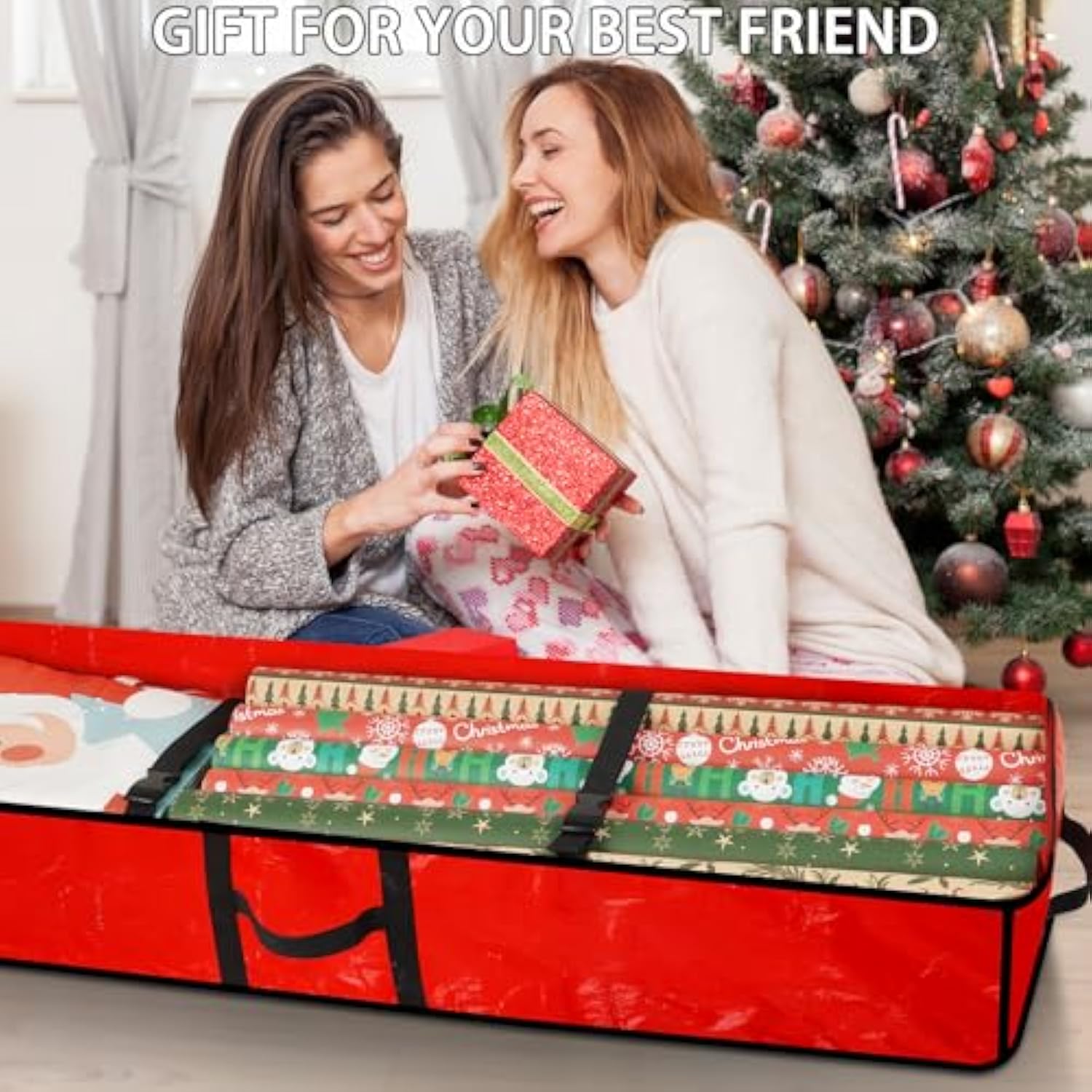 Wrapping Paper Organizer Storage Container For Christmas Holiday Gift Wrap Storage 43.2" Durable Pe Underbed Storage Container With Interior Pockets Fits 24 Paper Rolls (Red)