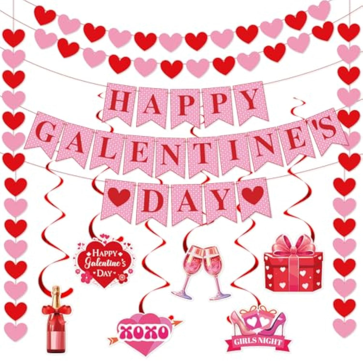 Happy Galentine'S Day Banner Galentine’S Day Decorations Happy Valentines Day Decorations For Ladies Girls Galentines Day Hanging Swirls With Heart Garland Valentines Day Wall Decorations