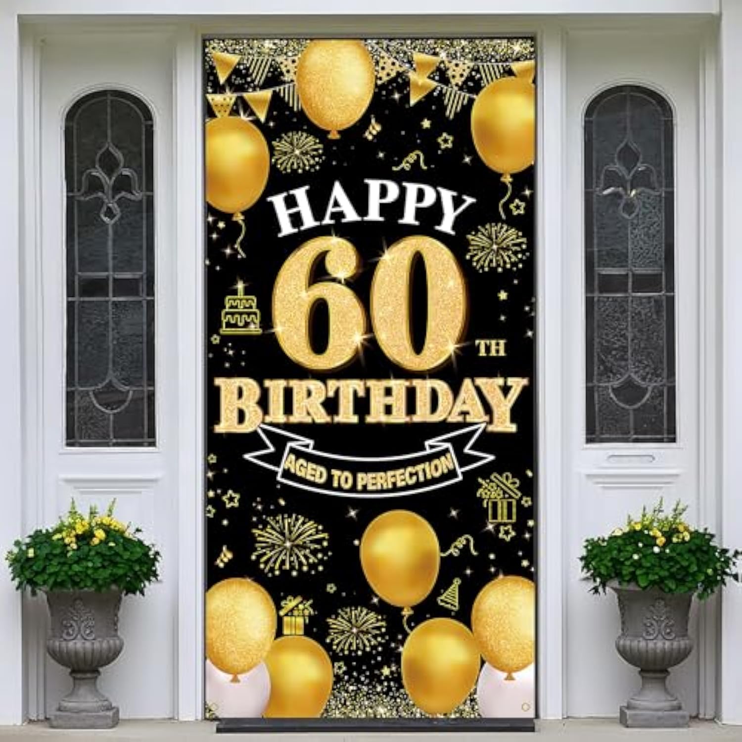 60th Birthday Decorations Black Gold Banner Backdrop for Indoor Outdoor Party