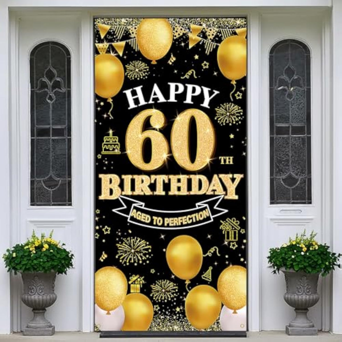 60th Birthday Decorations Black Gold Banner Backdrop for Indoor Outdoor Party