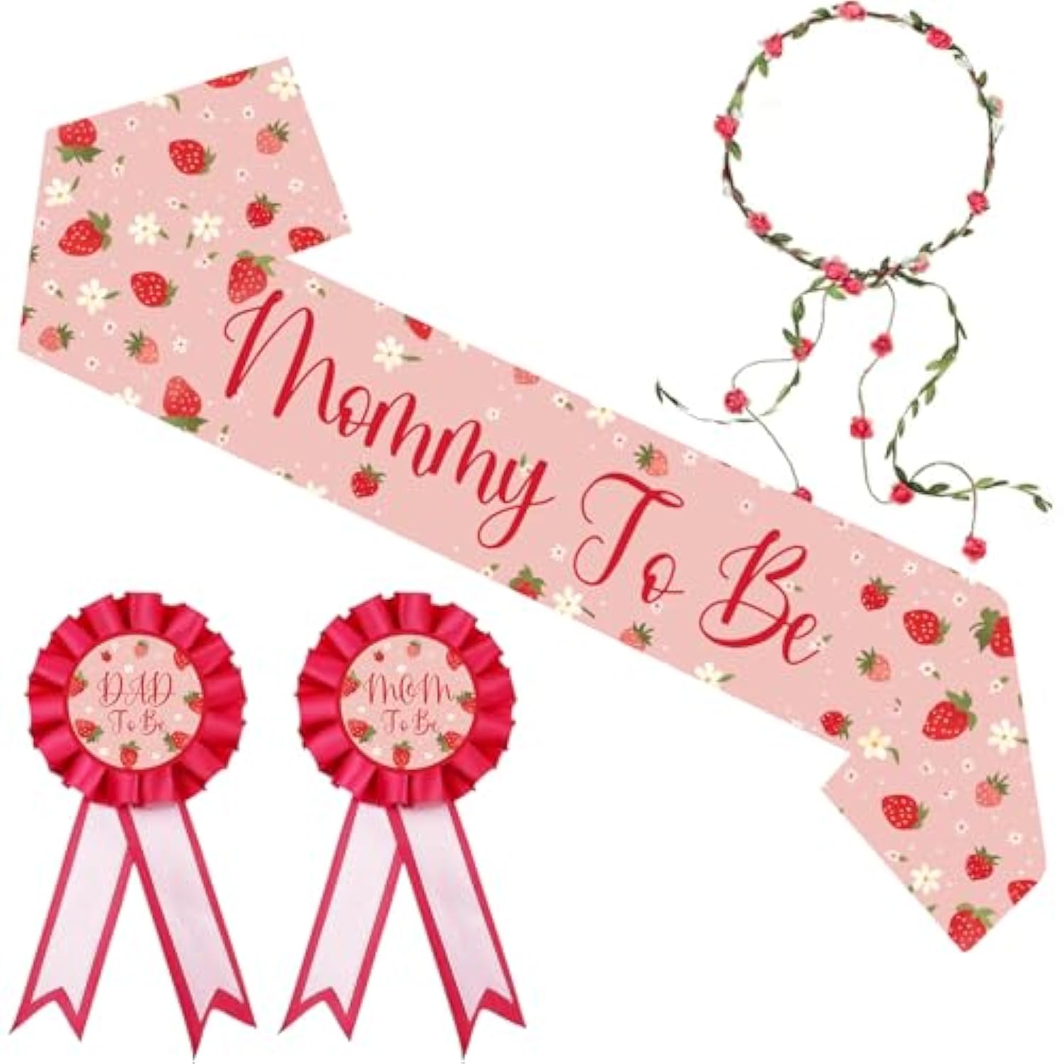Strawberry Mom To Be Sash For Baby Shower Decorations, Dad To Be Corsage And Flower Crown Headband Set, Berry Sweet Baby Shower Sash For Gender Reveal, Party Favors, Pregnancy Props Keepsake