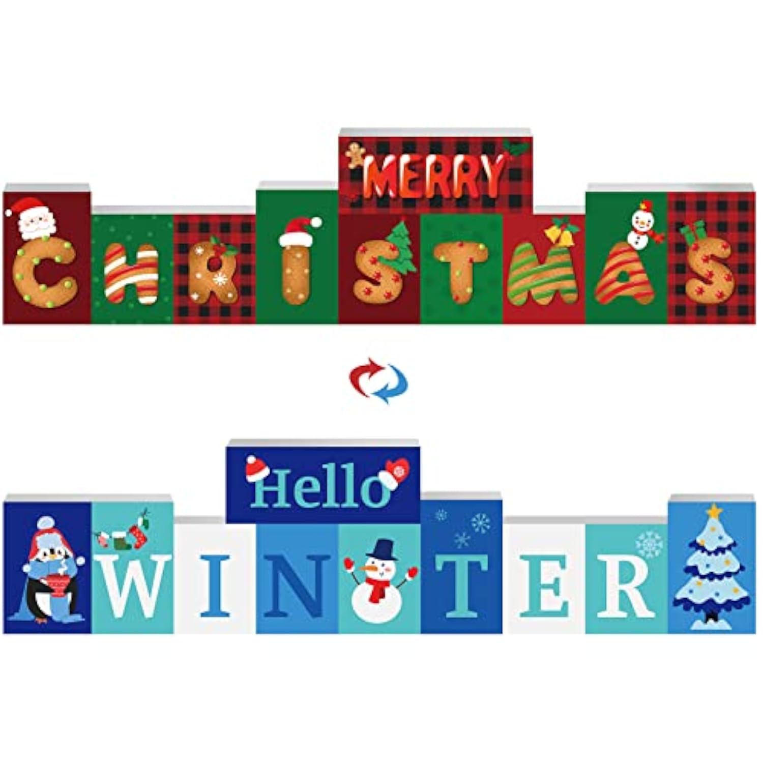 Hello Winter Merry Christmas Wooden Table Sign Reversible Table Decor Wooden Winter Table Decor Winter Table Centerpiece Decor For Farmhouse Home Party Tabletop Decorations