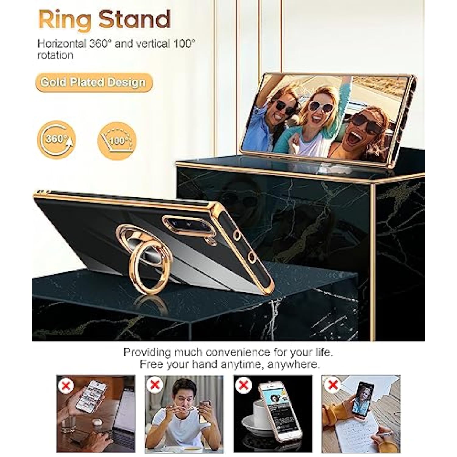 For Galaxy Note 10 Case: 360° Rotatable Ring Holder Magnetic Kickstand, Plating Rose Gold Edge Protective Case [ Not Applicable Note 10 Plus], Black