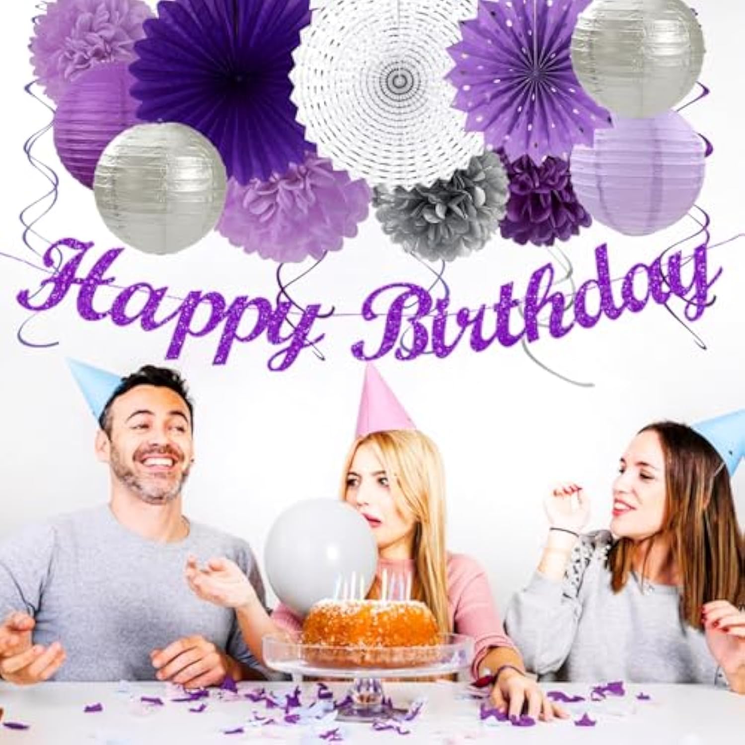 Purple Lilac-Lavender Silver Women Birthday Party-Decorations - 21Pc Happy Banner,Paper Lanterns Streamers,Tissue Pom Poms Honeycomb Flower Fan, Girls Hanging Decor Supplies Garland Backdrop