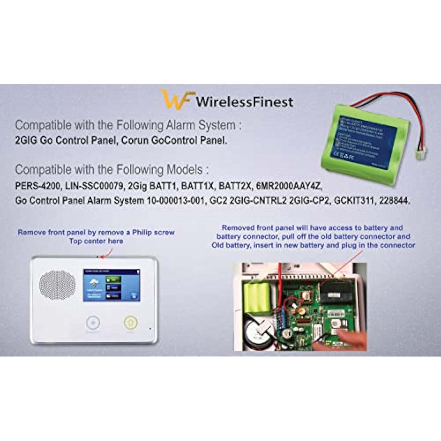 2000Mah Backup Battery Replacement For 2Gig Batt1, Batt1X, Batt2X, 6Mr2000Aay4Z, Gc2 2Gig-Cntrl2 2Gig-Cp2, Gckit311, 228844, Go Control Security Panel Alarm System 10-000013-001, Linear Pers-4200