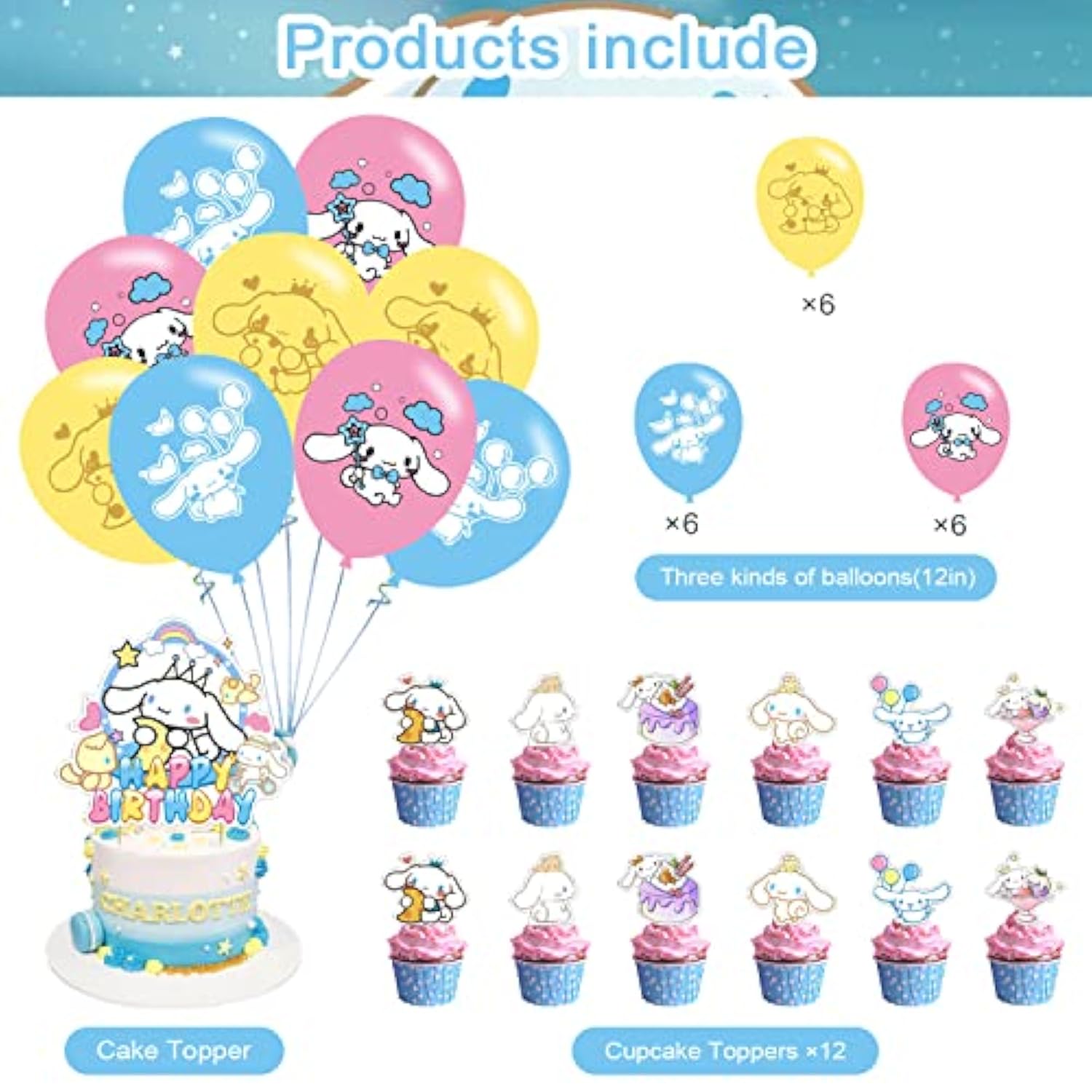 Cartoon Dog Party Set - Kawaii Banner, Cake Topper, Balloons for Kids Birthday