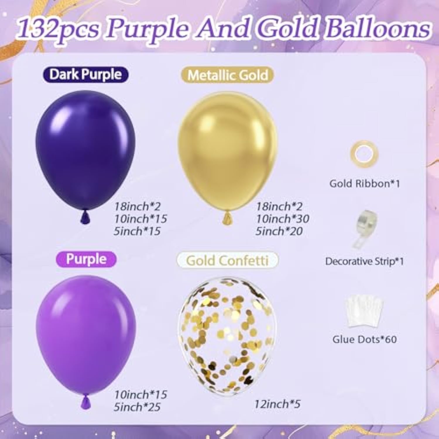 132pcs Purple Gold Balloon Garland Kit with Metallic Gold Confetti for Parties