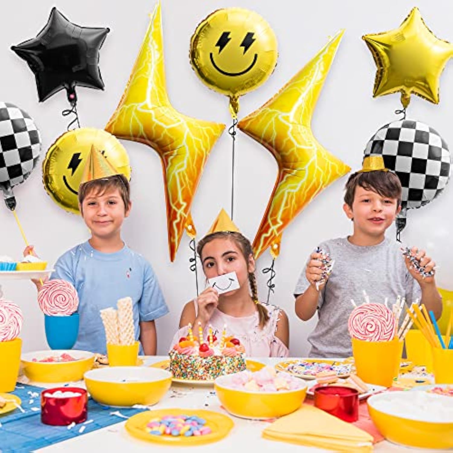 8Pcs 18" Smile Checkered Balloons – Yellow Smile & Lightning Party Decor