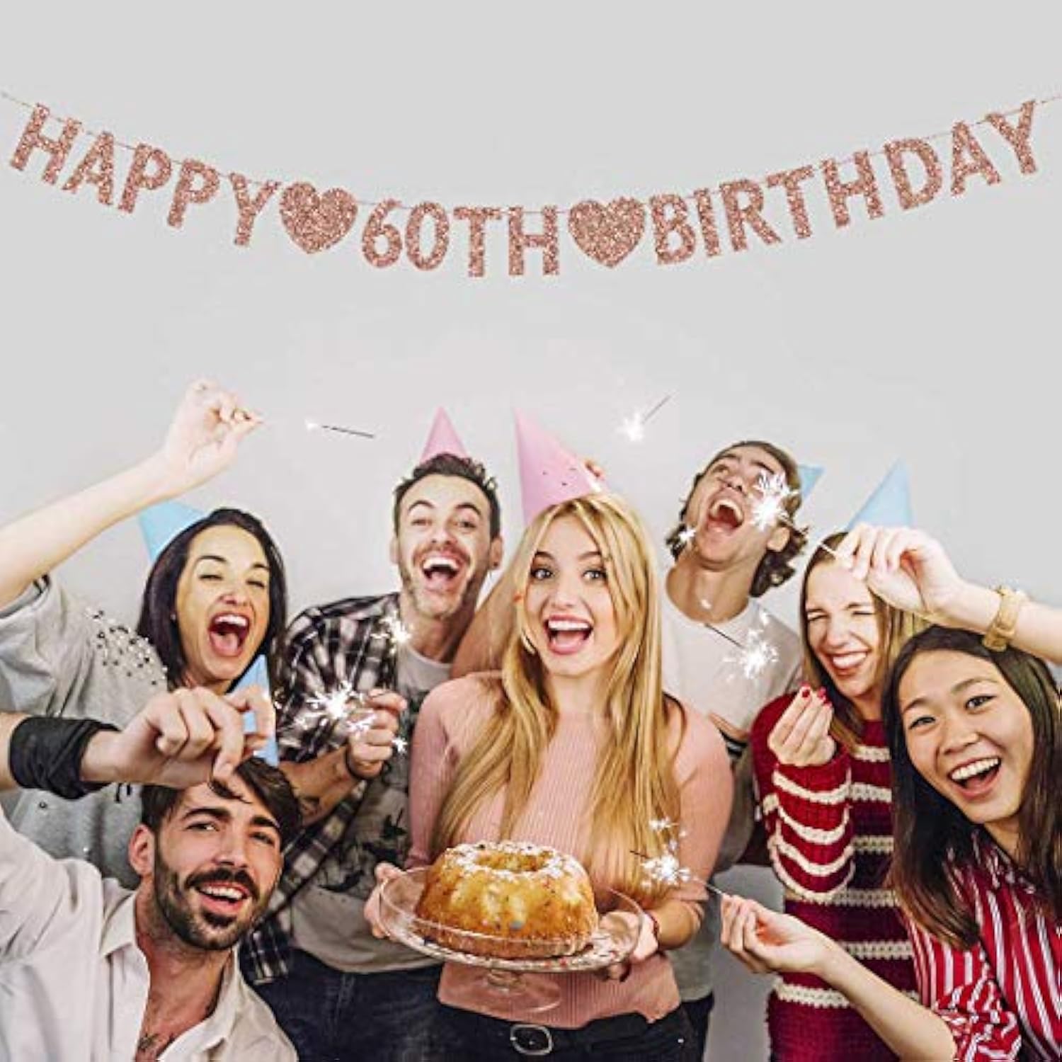 Rose Gold 60Th Birthday Banner, Glitter Happy 60 Years Old Woman Or Ma