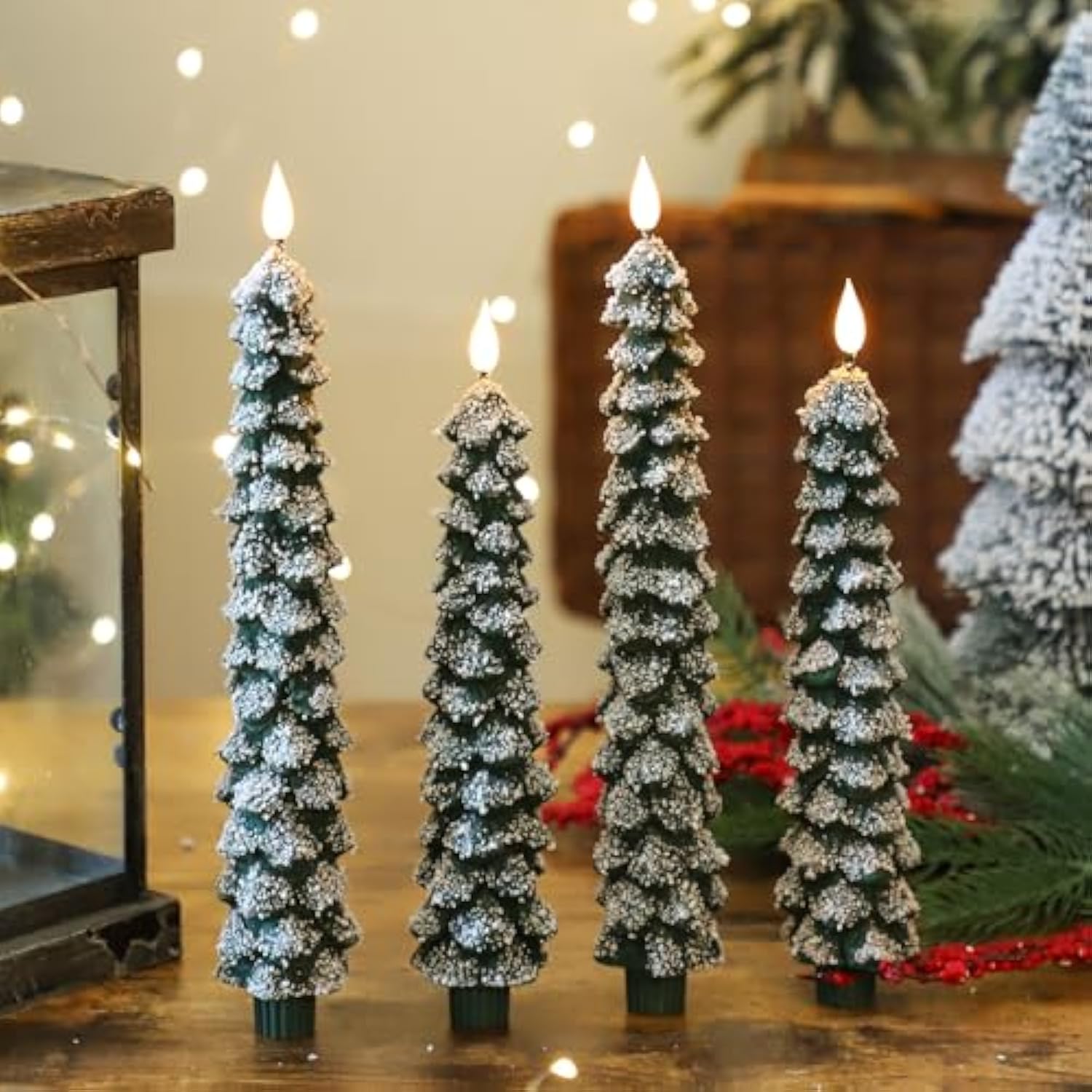 4 Pcs Flameless Taper Candles, Christmas Tree Candles With Remote, Battery Operated Candlesticks, Flickering Led Window Candlelights Real Wax Christmas Candlesticks H9.45,11.4”Green