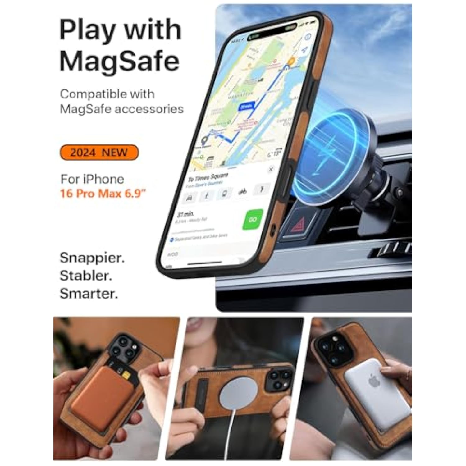 iPhone 16 Pro Max Leather Case, MagSafe, Slim, Built-in Stand, Protective Cover